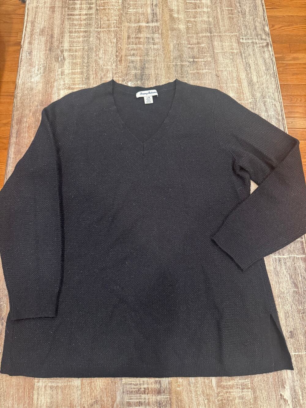 Tommy Bahama Black Metallic Shimmer V-Neck Tunic Sweater L